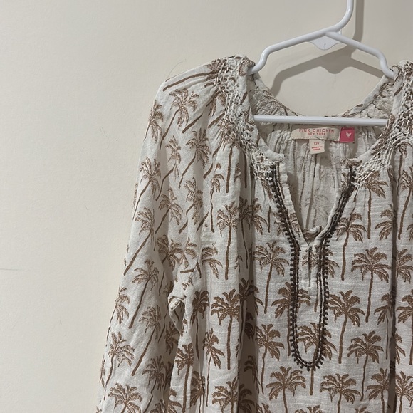 • Pink Chicken • Girls Ava Palm Tree Print Dress Long Sleeves White Brown 12 - Picture 3 of 5